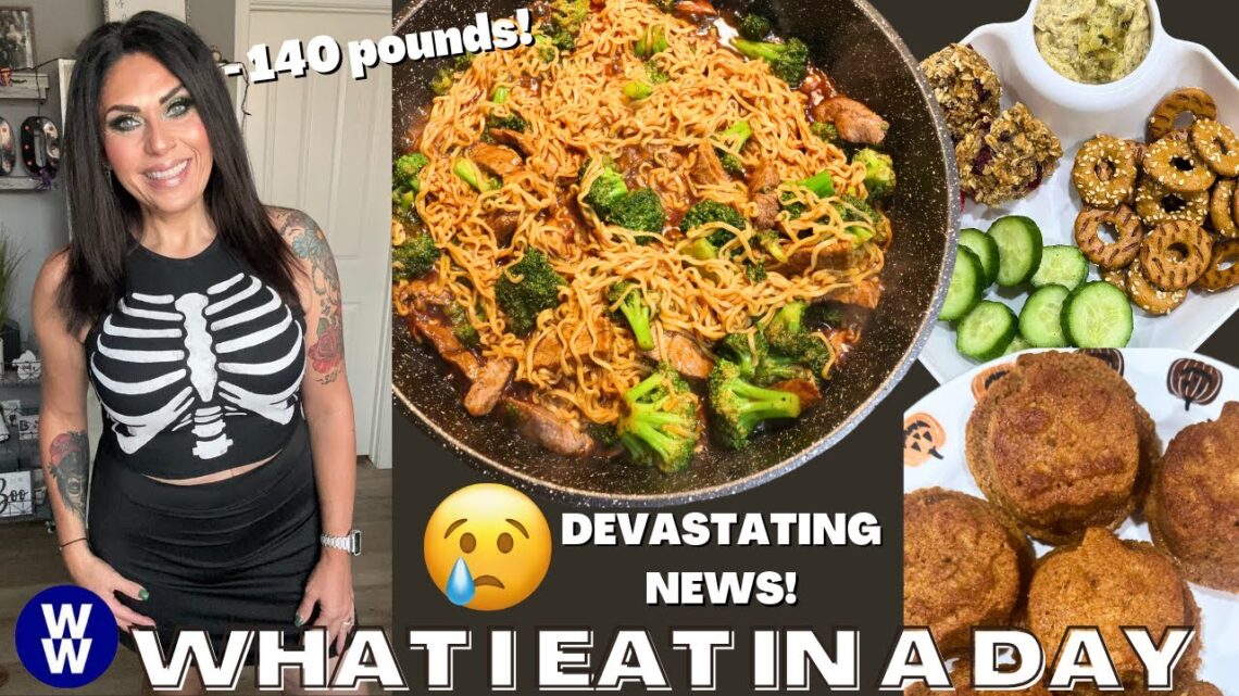 WHAT I EAT IN A ON WW DAY TO LOSE 140 POUNDS – SAD NEWS 🥺 – HALLOWEEN BAKING – BEEF & BROCCOLI RAMEN